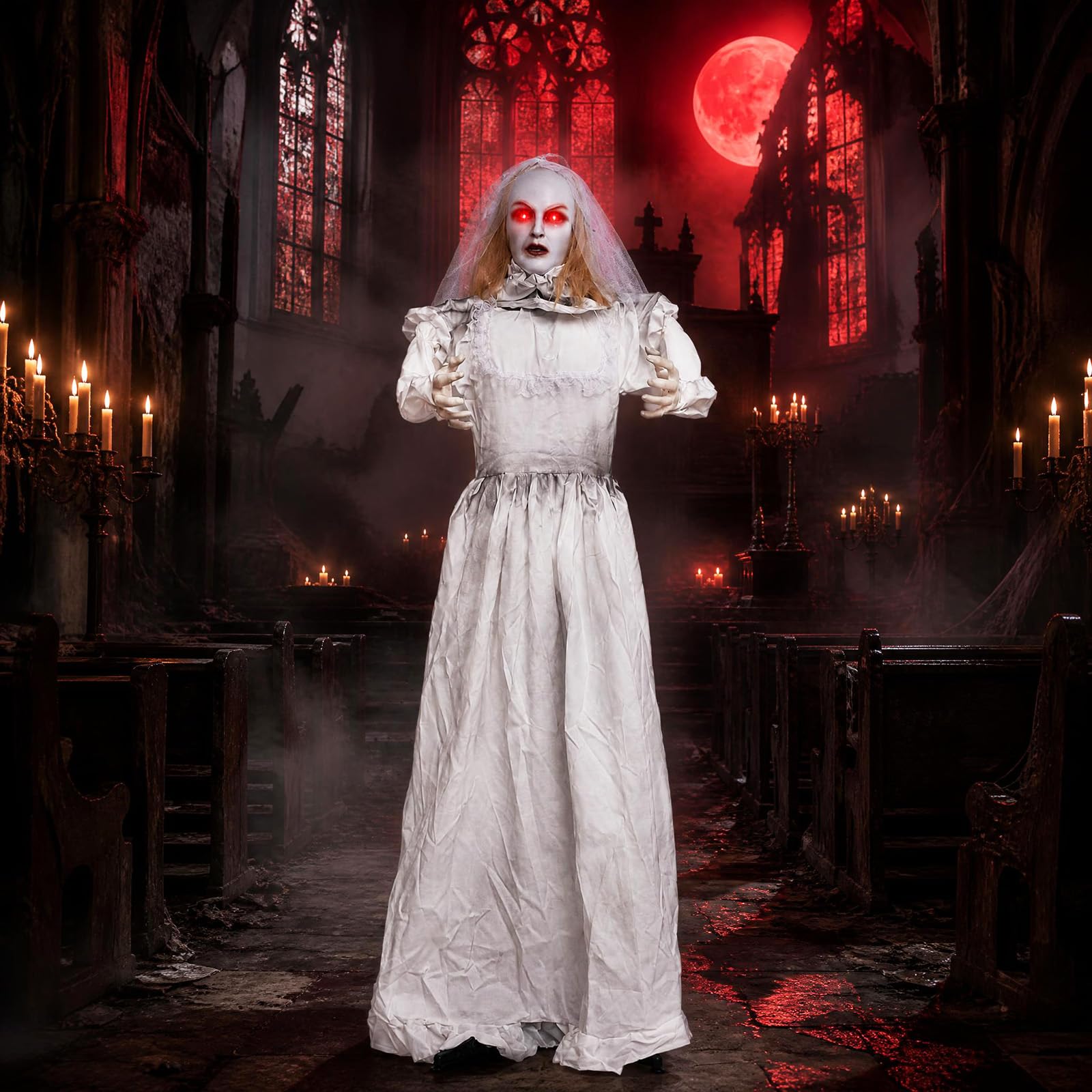 Tangkula 5.7 FT Animated Halloween Ghost Bride Decoration with Swapped Face